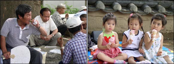 "어렸을 적엔 단오가 굉장했지" 나무그늘에서 추억담 나누기(왼쪽), 할아버지, 요즘 단오도 쓸만해요." X세대의 단오 즐기기(오른쪽) 